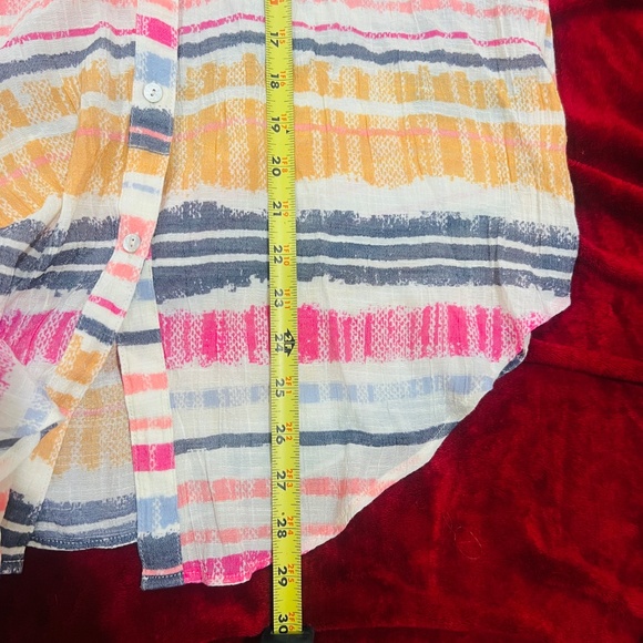 Zac Rachel colorful Striped Long Roll Tab Sleeve V neck Button Top Blouse size L - Picture 10 of 11